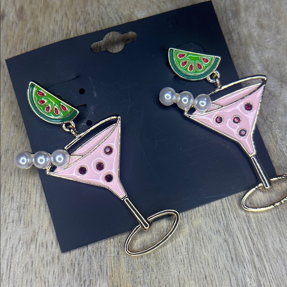 🍸 Pink Fun Pearly Martini Class Post Back Dangling Earrings - Picture 2 of 2
